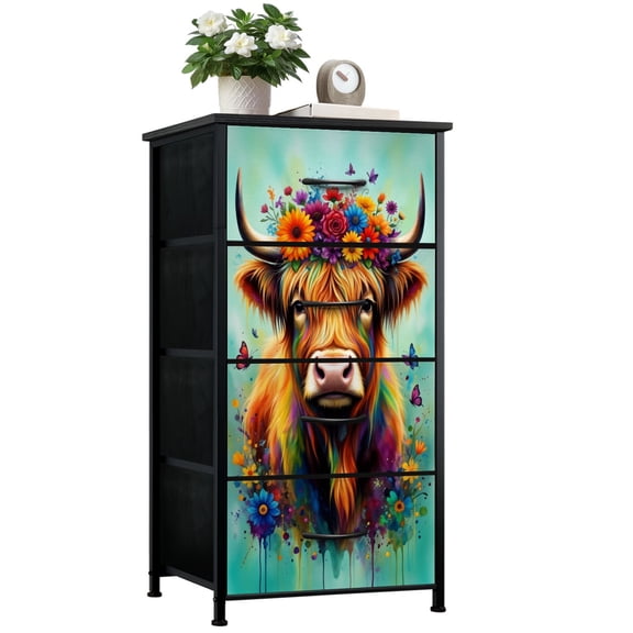 Rustic Dresser for Bedroom with 4 Storage Drawers Colorful Highland Cow Floral Crown Butterflies Tall Dresser with Large Drawer Steel Framed Fabric Closet Organizers for Living Room Entryway