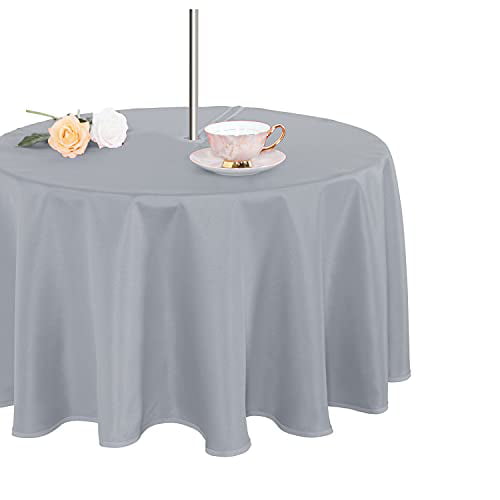 Washable Waterproof Wrinkle Free Table Cloth with Zipper and Umbrella Hole for Spring/ Summer/ Party/ Picnic/ BBQS/ Patio Silver Grey 60x102 inch Fitable Table Cover Outdoor and Indoor Tablecloth 