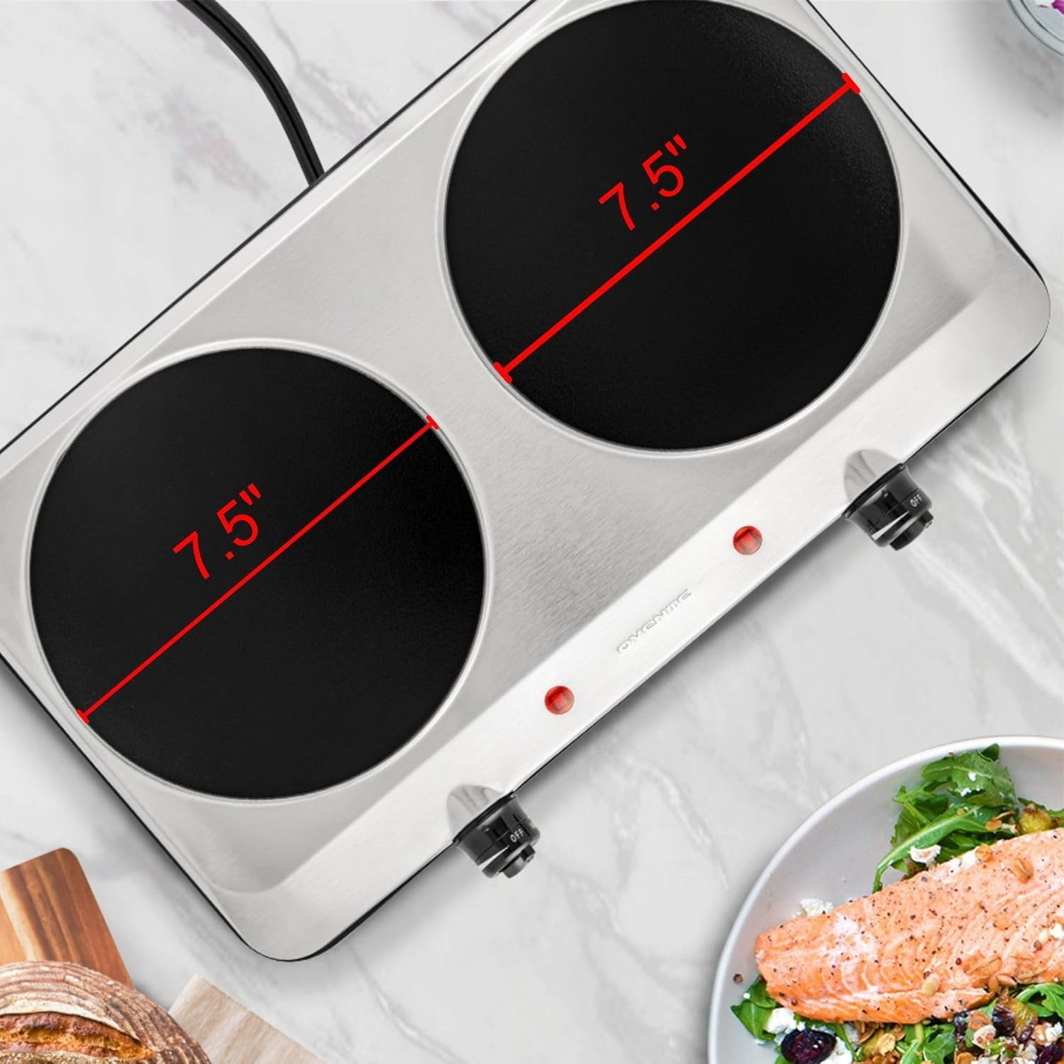 Countertop Infrared Double Burner, 1500W Electric Hot Plate with 7.5" Ceramic Glass Cooktop, 6 Level Temperature Control, Silver
