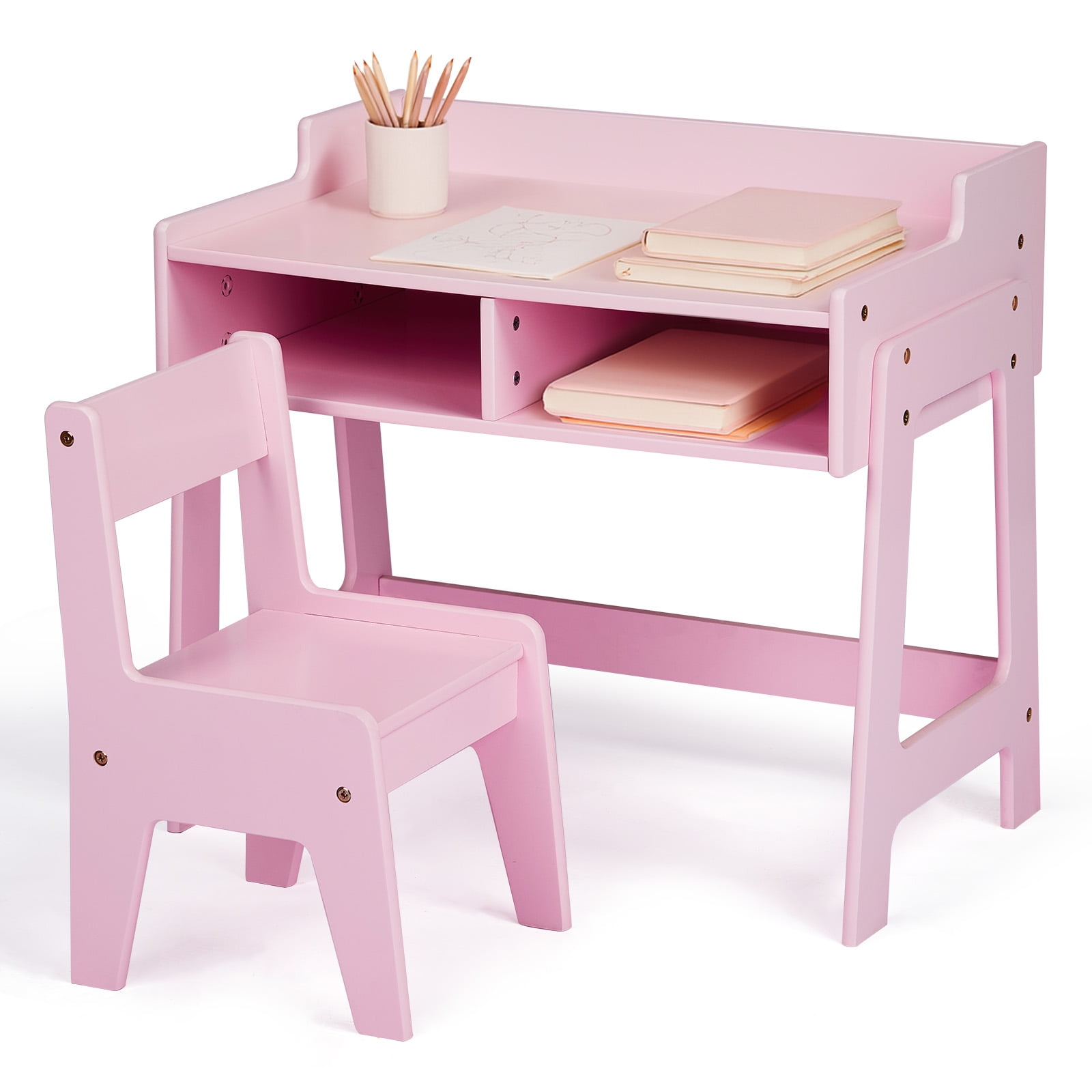 GoDecor Kids Study Desk and Chair set, Children Learning Table with 2 Storage Draws, Small Toddler Desk for Home School, Pink