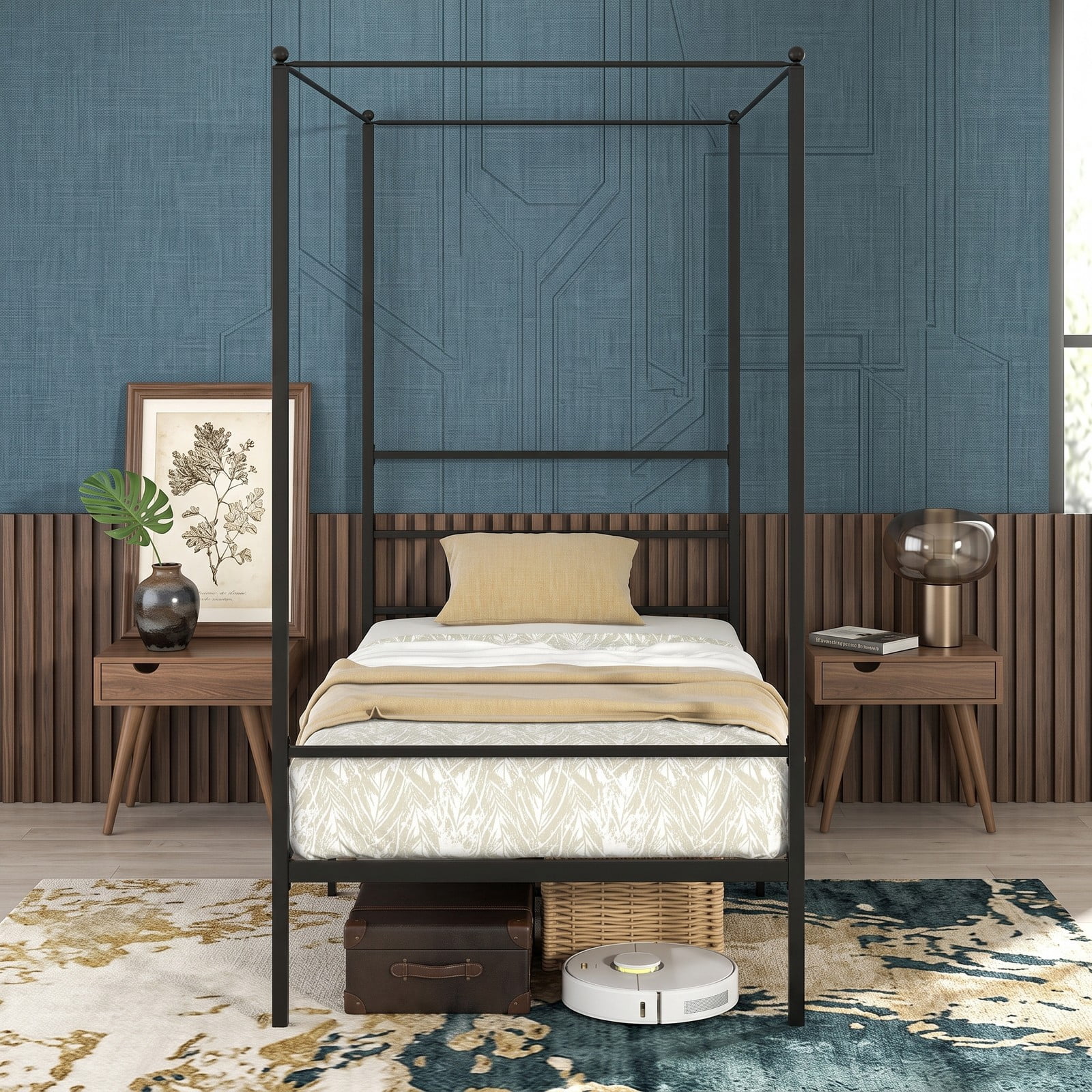 Furnibear Queen Bed Frame Metal Canopy Platform Bed Frame with Slat Support and 4 Posts for Bedroom and Guest Room, No Box Spring Needed, Black