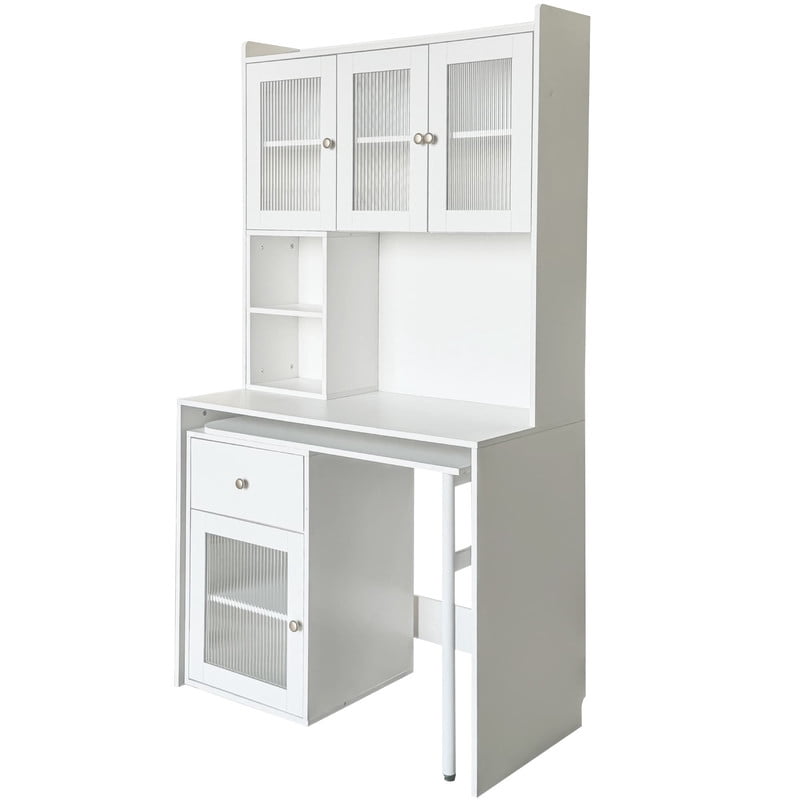 Computer Desk with Hutch and Glass Doors, Office Desk with 90 Degree Rotating Desktop, Writing Table Large Workstation with Bookshelf and 1 Drawer