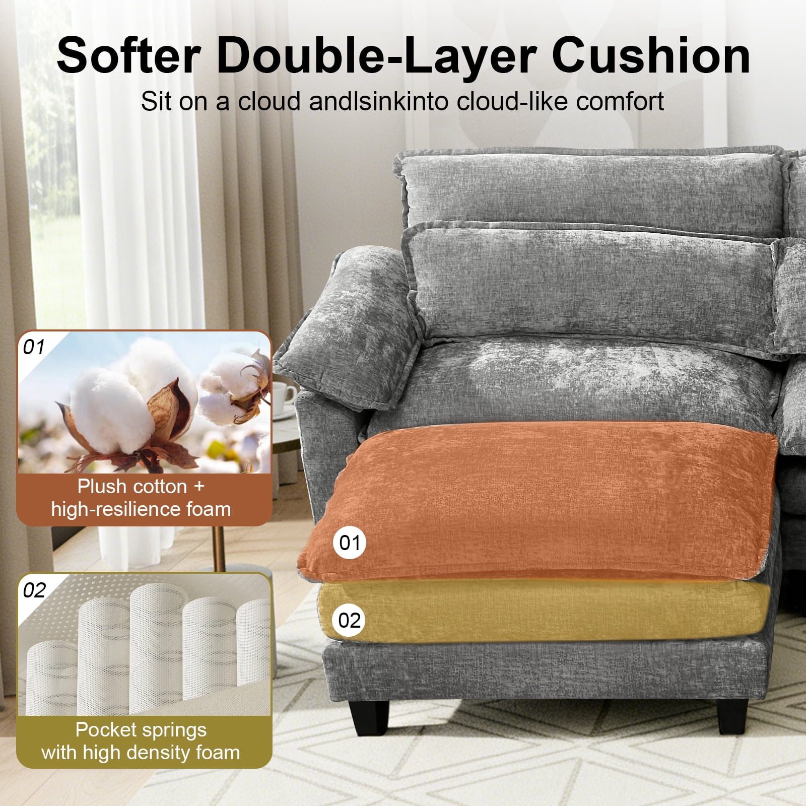 113'' Modular Sectional Sofa,L Shaped Couch with Movable Ottoman, Convertible Sectional Couches with Deep Seat, 3 Seat for Living Room Comfy Cloud Sofa with USB Side Pockets & Charging, (Grey)