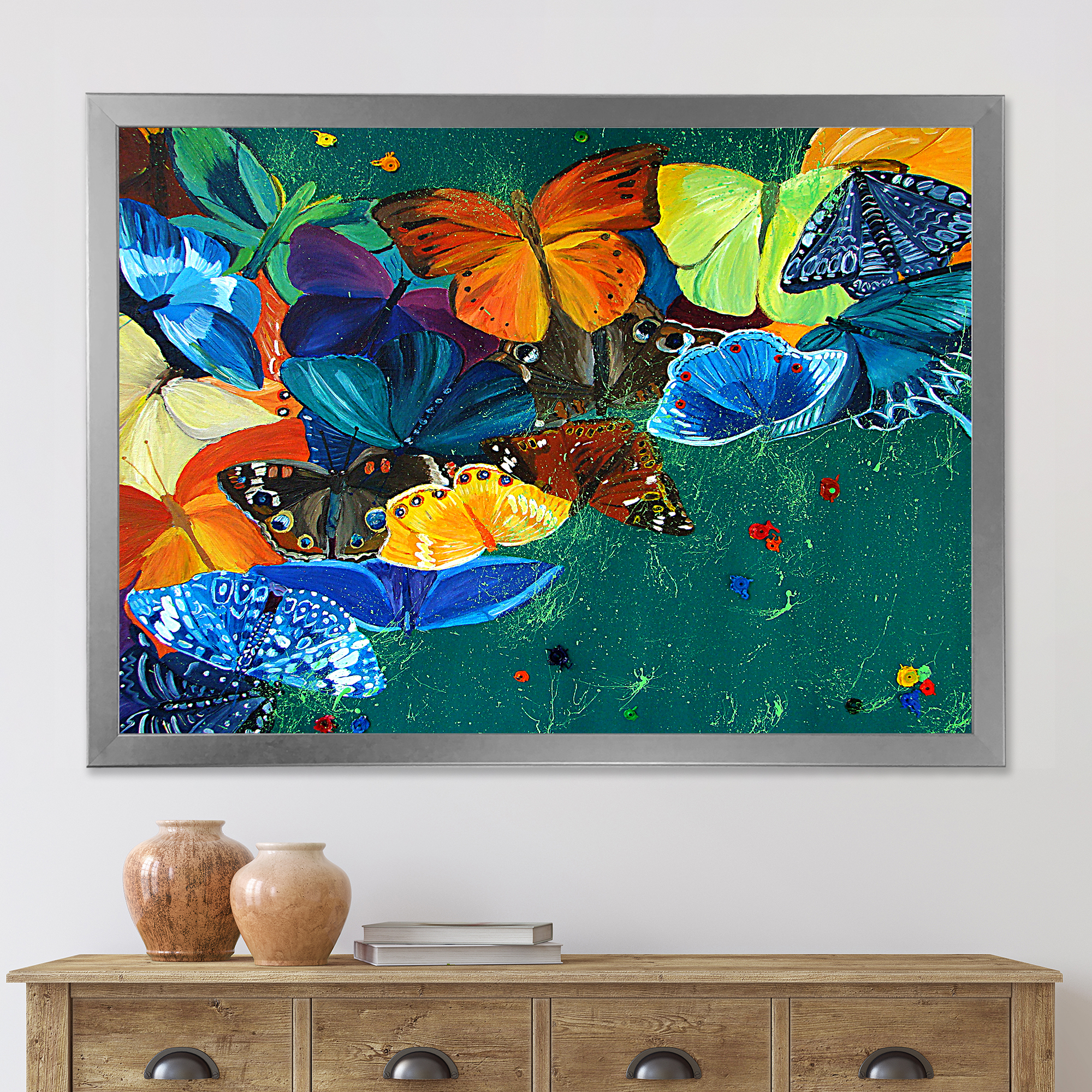 Designart 'Abstract Colour Butterflies On A Gree' Modern Framed Art Print