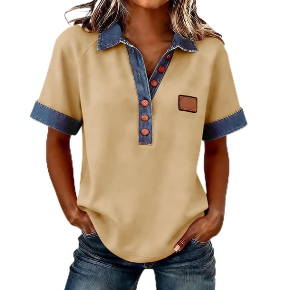 Lumtrix Denim Patchwork Shirts for Women Button Up Collared Short Sleeve Pullover Vintage Casual Blouses Dressy Tops Beige 2XL