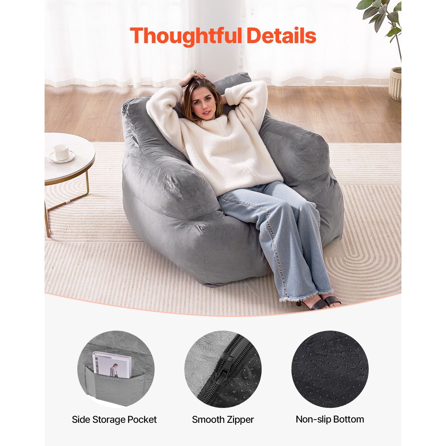 Adult Bean Bag Chair with Armrests – Oversized Plush Sofa Chair with High-Density Foam Filling – Grey Lazy Chair for Living Room, Bedroom & Game Room – Soft Microfiber Cover with Zipper