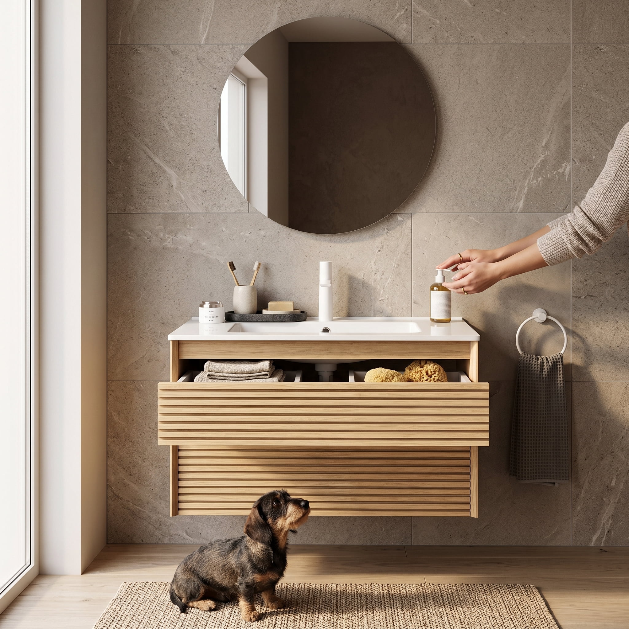 30" Bathroom Vanity with Sink, Wall-Mounted Floating Plywood Bathroom Storage Cabinet with Drawers, White Ceramic Basin, Pre-assembled, Corolla Oak Woodgrain Color