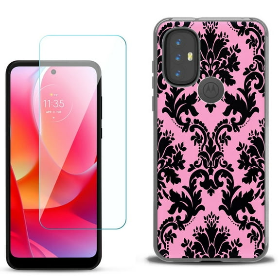 Slim-Fit Gel TPU Phone Case for Motorola Moto G Power 2022, with Tempered Glass Screen Protector, by OneToughShield ® - Victorian Pink/Black
