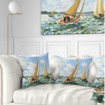 Designart Vintage Boats Sailing - Seascape Painting Throw Pillow - 16x16