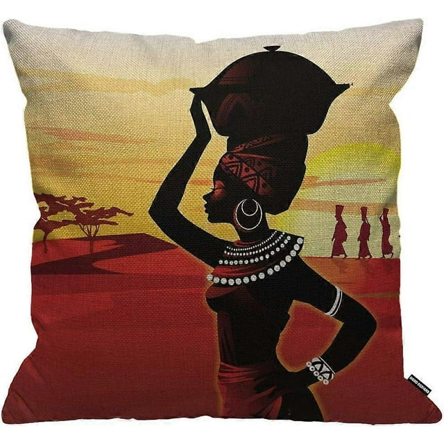 Cushion Cover African Women Walking On The Desert Sunset Red Yellow Black Throw Pillow Cover Home Decorative