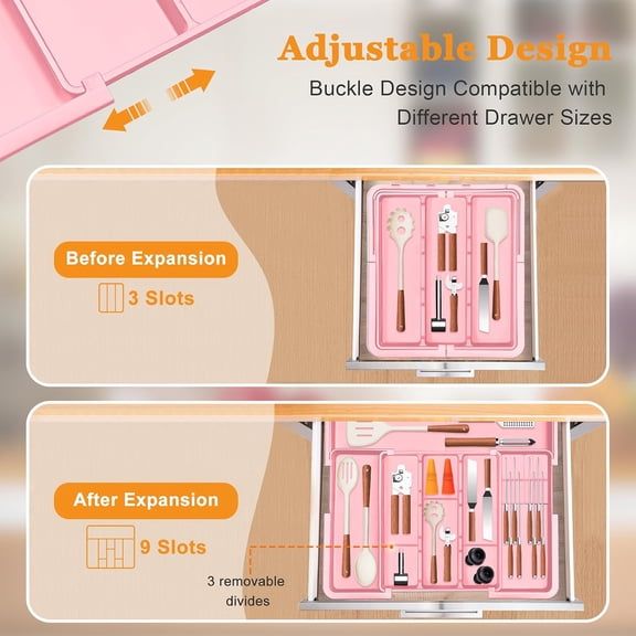 PYYAN-Utensil Drawer Organizer for Kitchen, Expandable Silverware Organizer Cooking Utensils Tray, Large Cutlery and Flatware Holder, Kitchen Tools & Gadgets Storage (Pink)