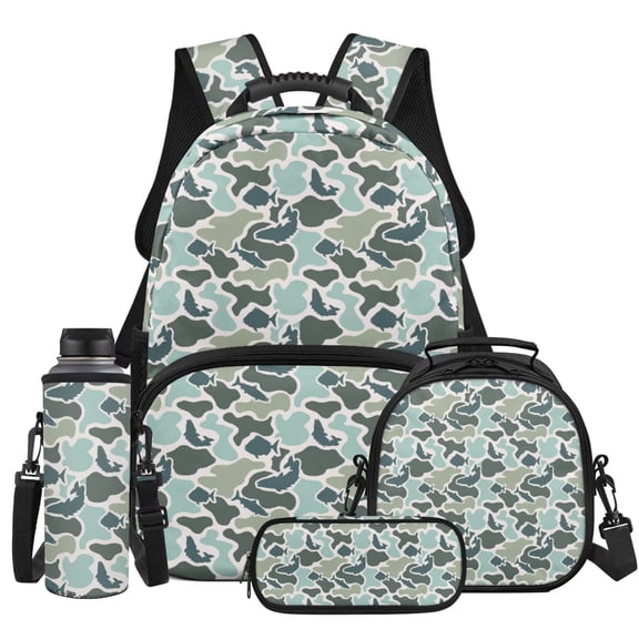Yspwyqan 4Pcs School Backpack Set with Lunch Box Pencil Case Water Bottle Bag, Fish Camo Lightweight Large Capacity Bookbag for Elementary Middle School