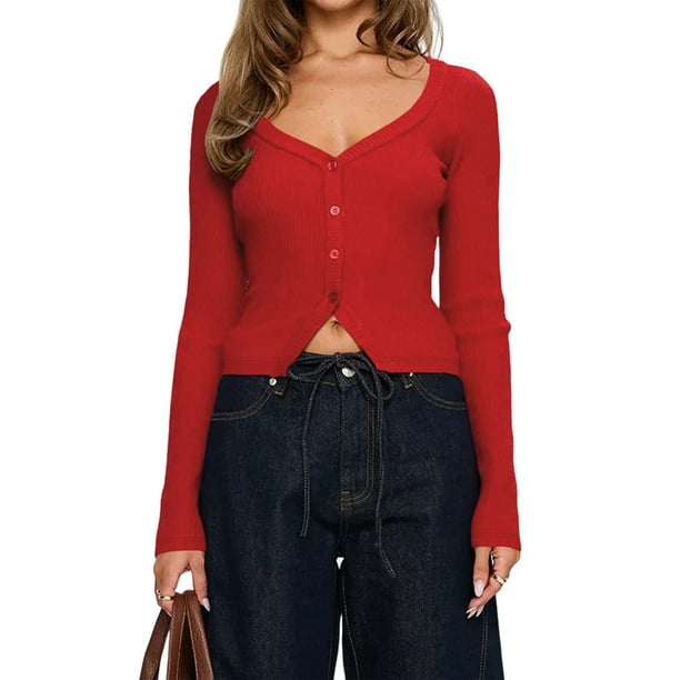Cárdigan de Larga para Mujer, Suéter Corto de Punto Abierto, Chaqueta con Cuello en V y Botones para Otoño Vino Tinto L
