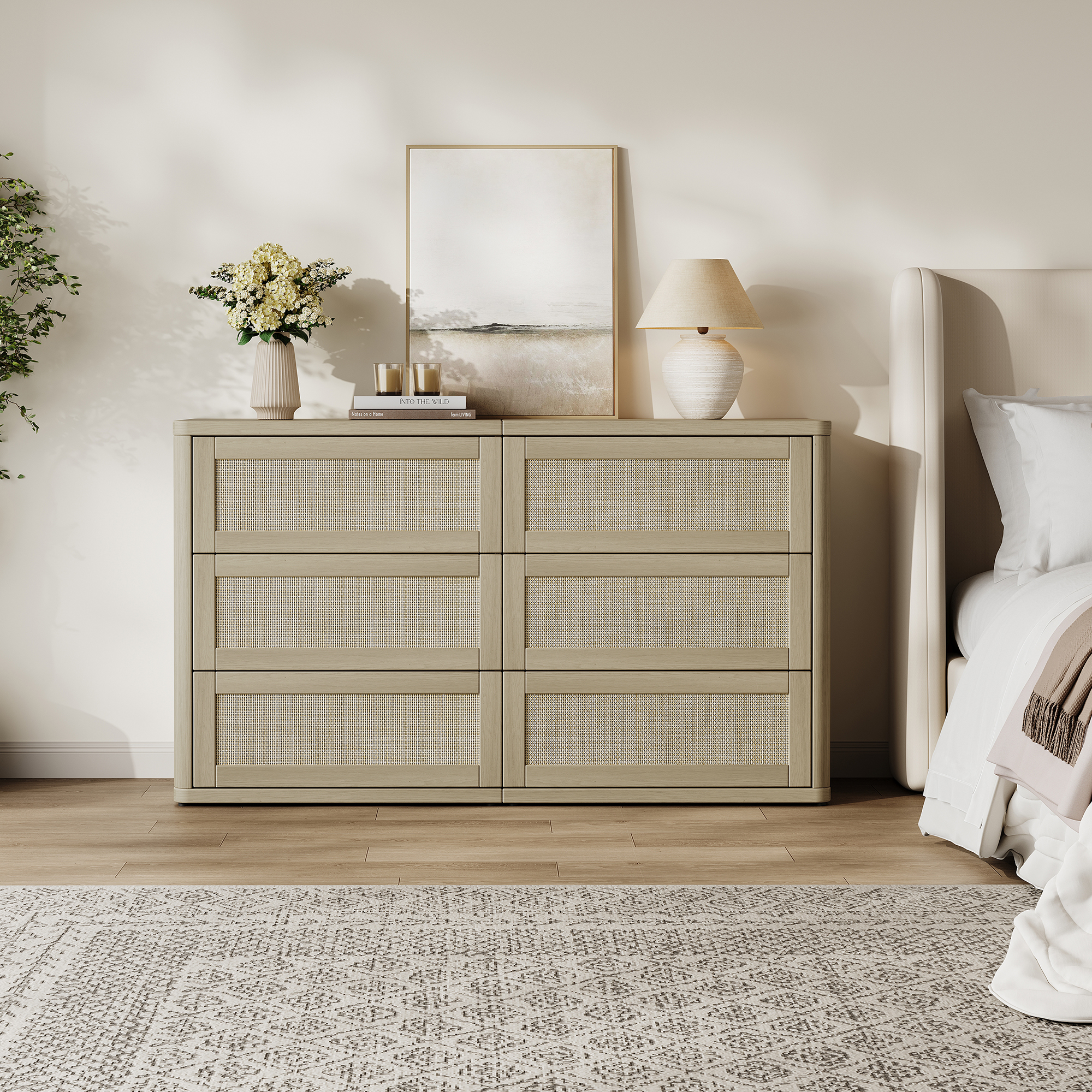 SICOTAS 53.6" Wide 6 Drawer Modular Rattan Dresser for Bedroom, Long Chest of Drawers with Pop-Up Drawers%& Unique Rattan Design, Amber Oak