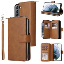 Feishell for Samsung Galaxy S22 (6.1 inch) Wallet Case for Women Men,Premium PU Leather Magnetic Clasp Zipper 9 Card Slots Folio Flip Holder Shockproof Purse Phone Case with Wrist Strap,Brown