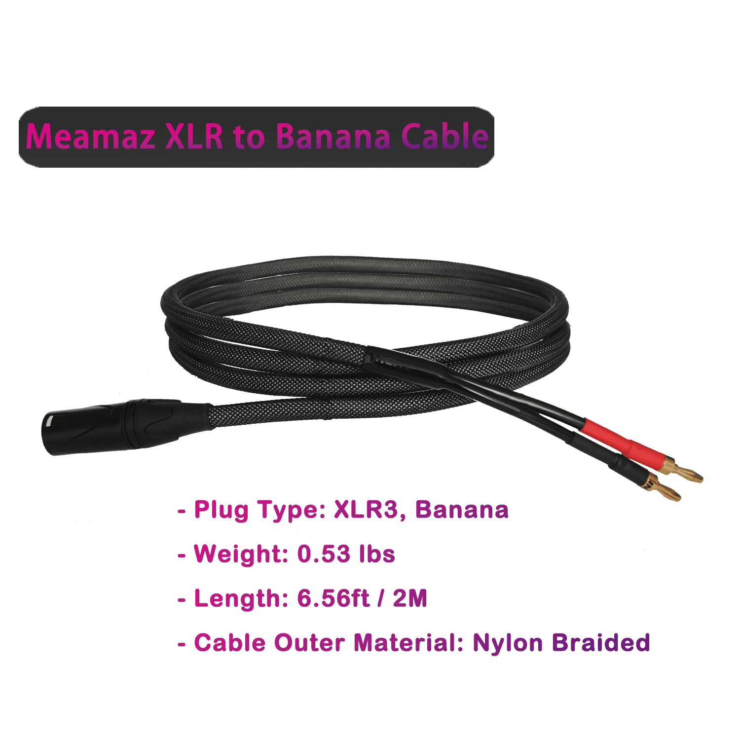 1 Pack 6.56FT XLR to Banana Speaker Cable, XLR3 Male to 2 Male Banana Plugs XLR Cable, OFC 12AWG wire, Heavy Duty Nylon Braided Cover, for XLR to Speaker Power Amplifier(Black/2M)