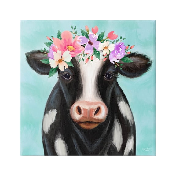 Stupell Industries Farm Cow Floral Turquoise Blossoms Painting Gallery Wrapped Canvas Print Wall Art, Design by Elizabeth Tyndall