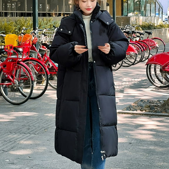 Qetyuw Winter Long Puffer Coat for Women Warm Long Sleeve Open Front Hooded Down Coat Casual Chunky Jacket Outwear