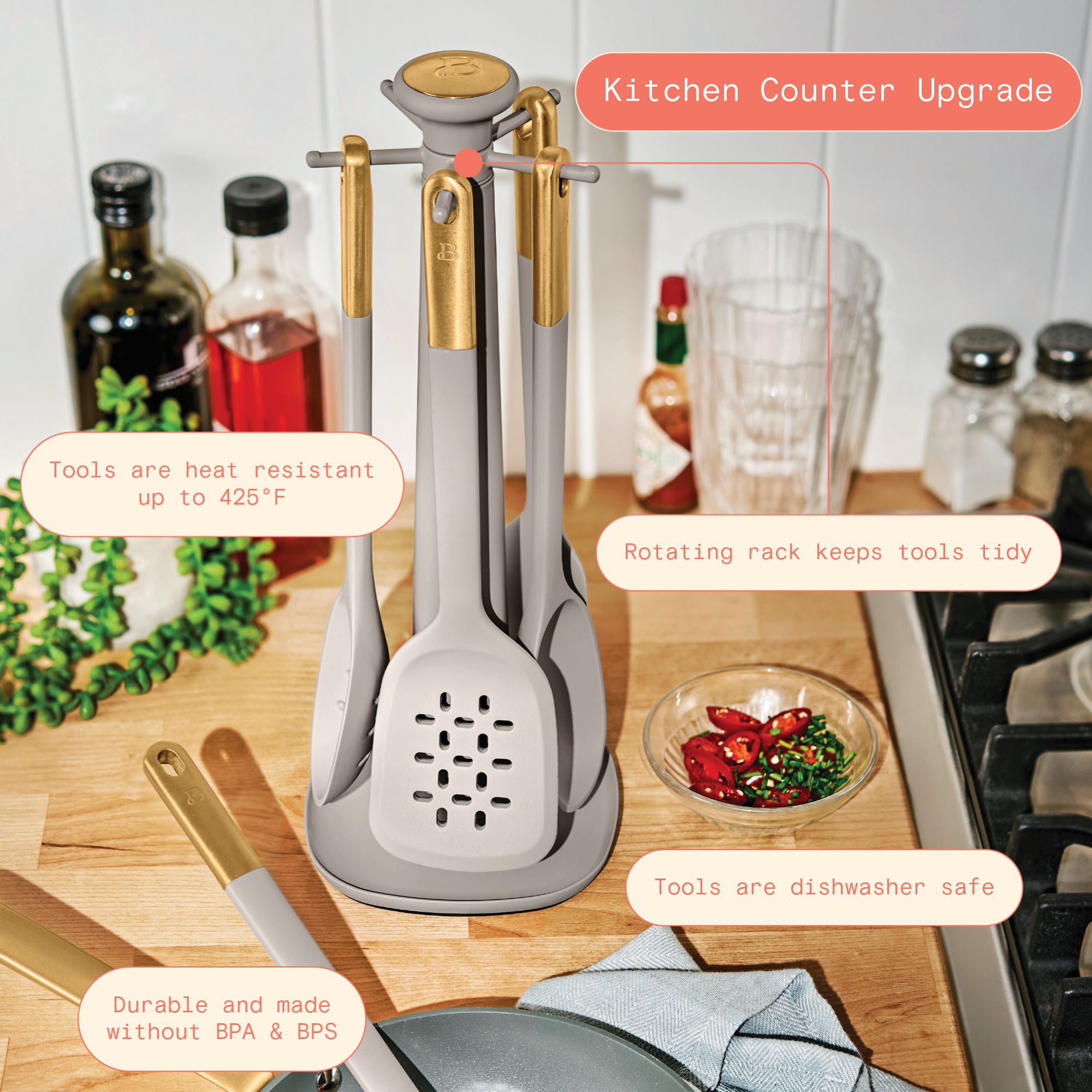 Beautiful 6-Piece Silicone Kitchen Utensil Tool Set with Rotating Rack by Drew Barrymore, Porcini Taupe