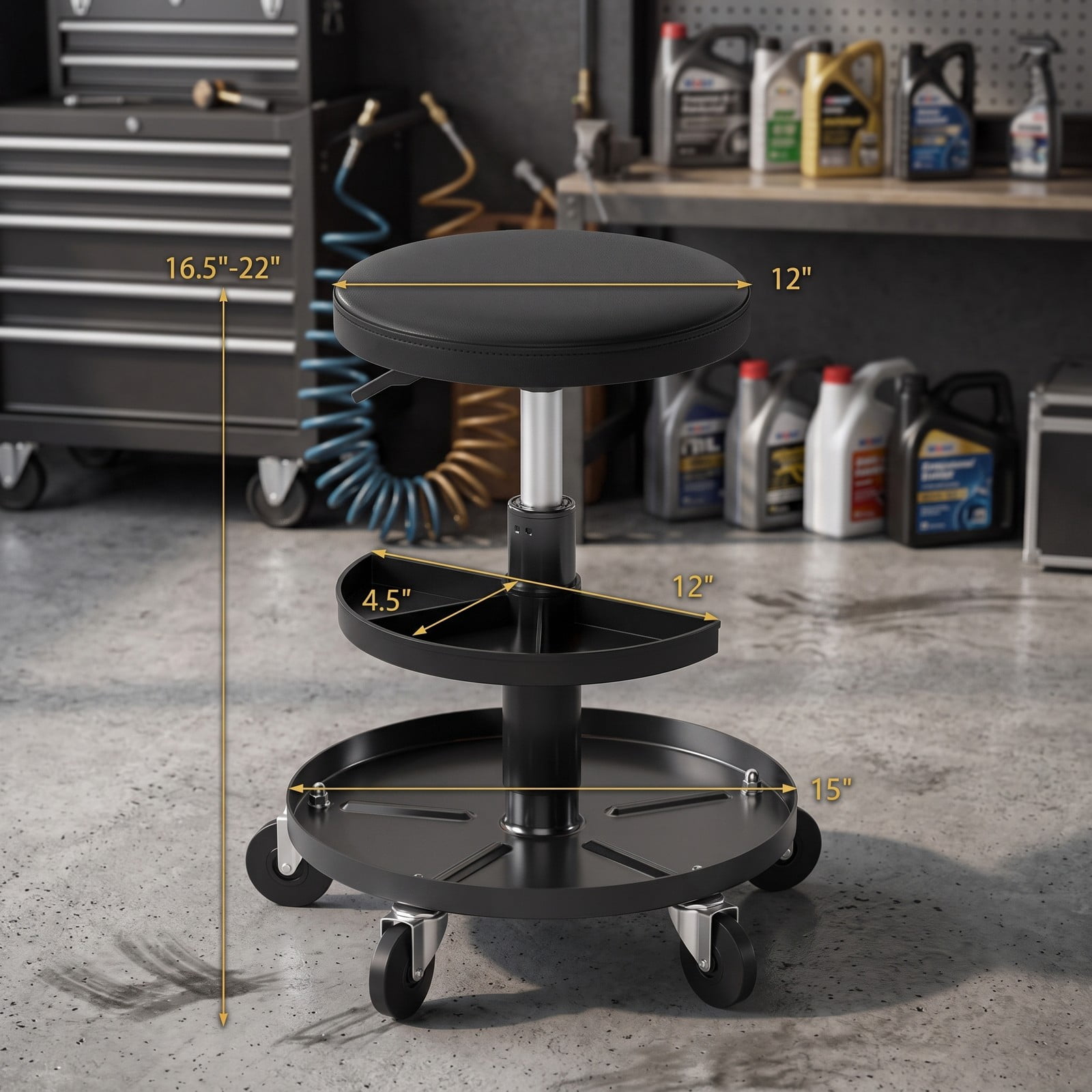 Furnibear Rolling Mechanic Stool with Wheels, 16.5-22 in Adjustable Height Swivel Shop Stool, 2-Tier Tool Trays, PU Leather Padded Seat, 360 Degree Casters, 265, Black
