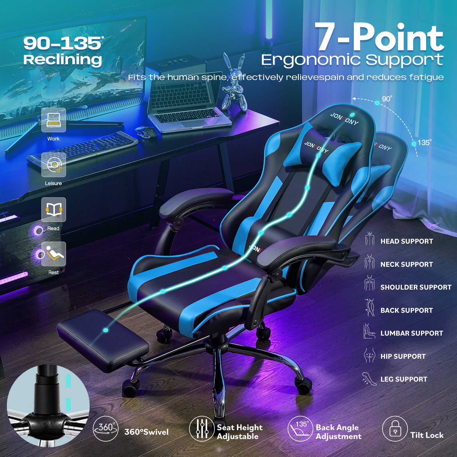 JONPONY Big and Tall 400LBS Gaming Chair, Ergonomic Design, Gamer Chair PU Leather with Footrest and Lumbar Support, High Back Office Chair Support 8 Hours Long Sitting, Computer Chair,Black Blue