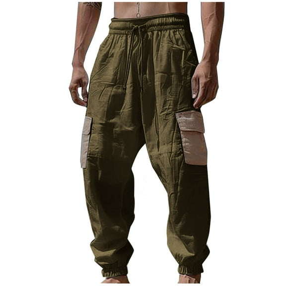 Fashion Plus Size Casual Pants for Mens Big and Tall Wash Water Wrinkles Pocket Draw Rope Elastic Waist Solid Color Casual Trousers Save to 65% off!