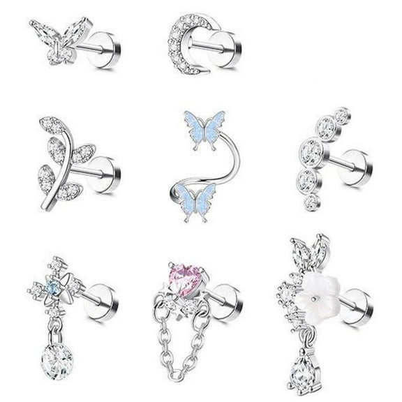 WeiDongzhuo 16G Cartilage Earrings 8-Piece Set Stainless Steel Helix Piercing Jewelry with Leaf Butterfly CZ Studs Flat Back for Women