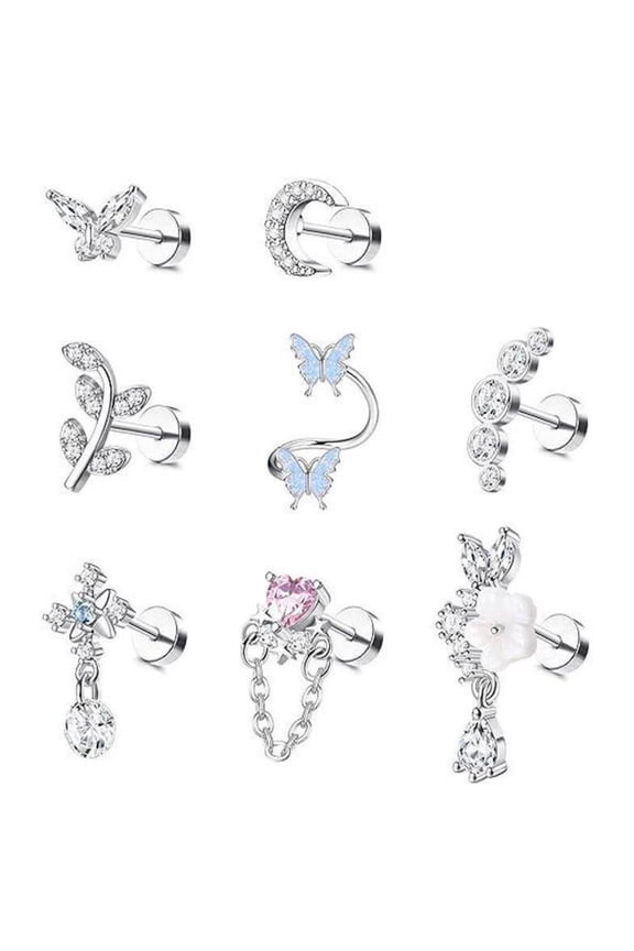 16G Cartilage Earrings 8-Piece Set Stainless Steel Helix Piercing Jewelry with Leaf Butterfly CZ Studs Flat Back for Women