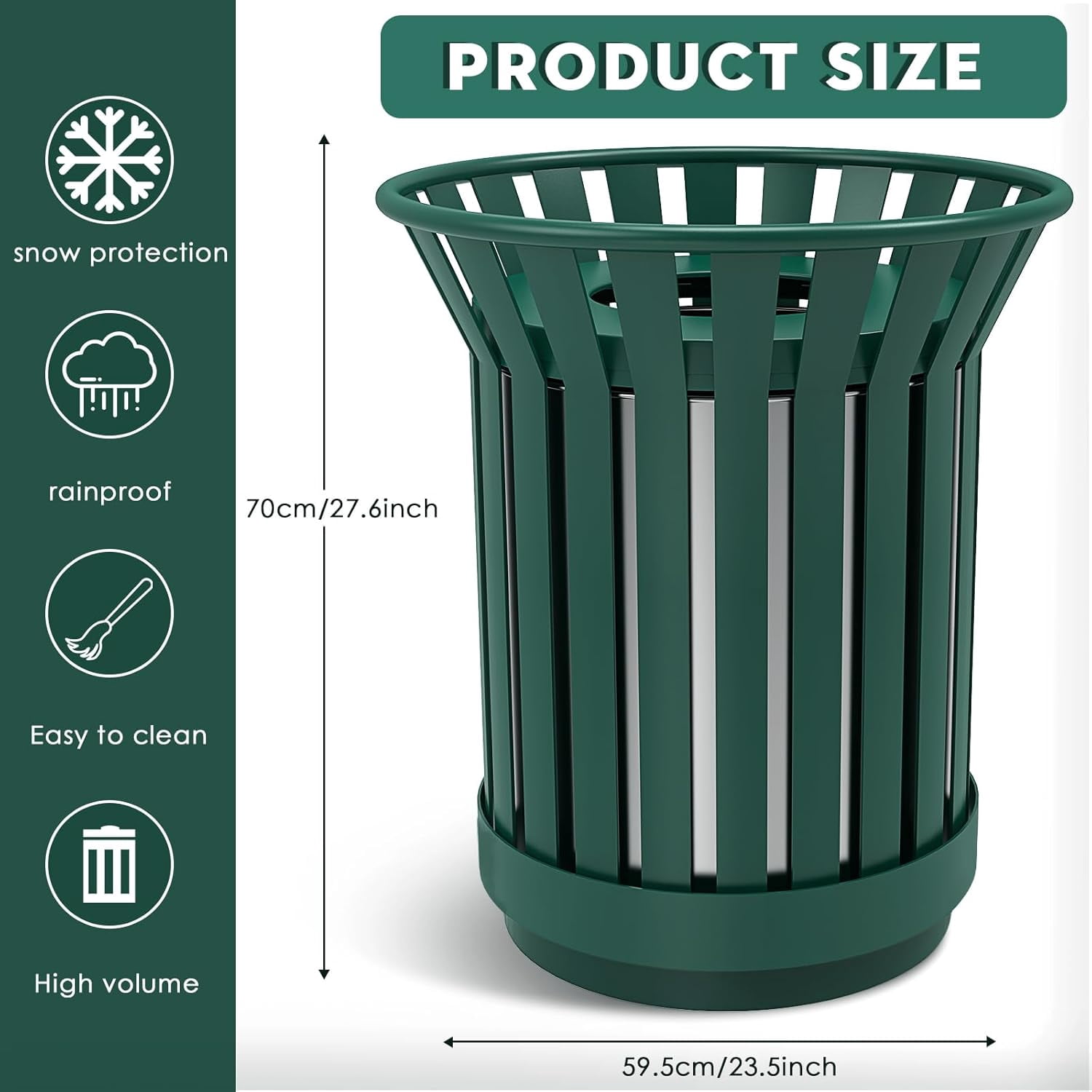 Gaonala Outdoor Metal Slatted Trash Can 30 - 52 Gallon Commercial Grade with Removable Inner Bin Waste Receptacle in Park School Beach Patio(Green)