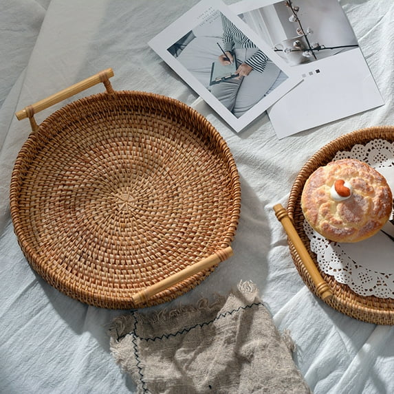D-GROEE Handmade Faux Vine Round Woven Basket, Round Serving Tray with Handles, Food Serving Baskets, Basket, Great To Display Bread Or Fruit