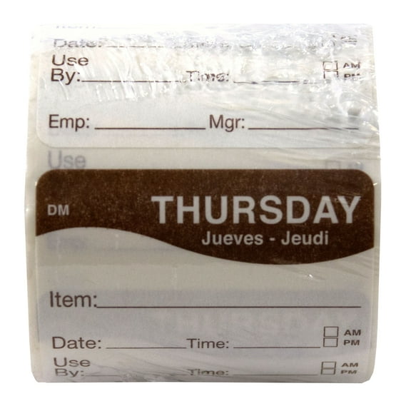 DayMark 110053 DissolveMark Day of the Week Trilingual Label, "Thursday - Item/Date/Use By", 2" Length x 2" Width, Brown (Roll of 250)