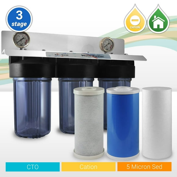 Max Water 3-Stage 10"x4.5 Softening Softener Whole House Big Blue Water Filtration System with Clear Housings + 2 Gauges - ¾" or 1" NPT Ports