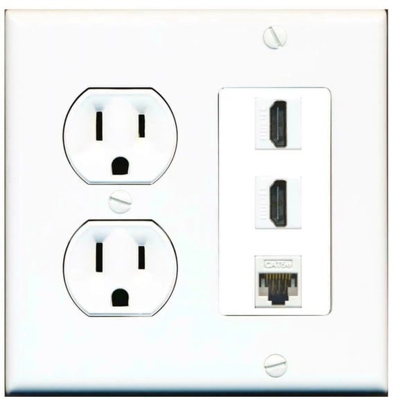 Ultra Spec Cables 15 Amp Round Power Outlet 2 Port HDMI 1 Cat5e Ethernet Wall Plate