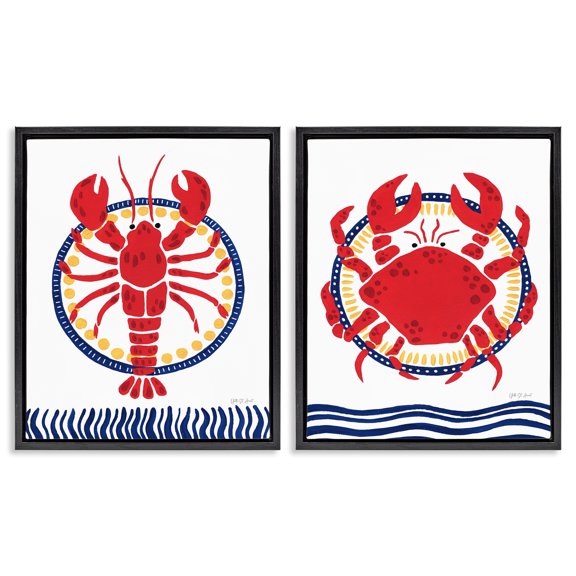 Stupell Industries Coastal Lobster & Crab Animals Painting Black Floater Framed Canvas Art Print Wall Art, 17 x 21, Set of 2