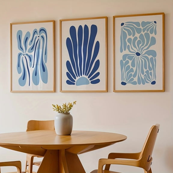 Set of 3 Blue Abstract Floral Gallery Wall Art, Vintage Botanical Aesthetic Prints, Mid Century Modern Wall Decor, Flower Canvas Posters, Ideal Gifts for Living Room, Bedroom, Bathroom, Toilet, Bar,