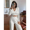 thumbnail image 4 of Women'S Solid Color Knitted Casual Hollow Commuter Suit Long Sleeve Button Top High Waist Pants Two-Piece Suit White M, 4 of 8