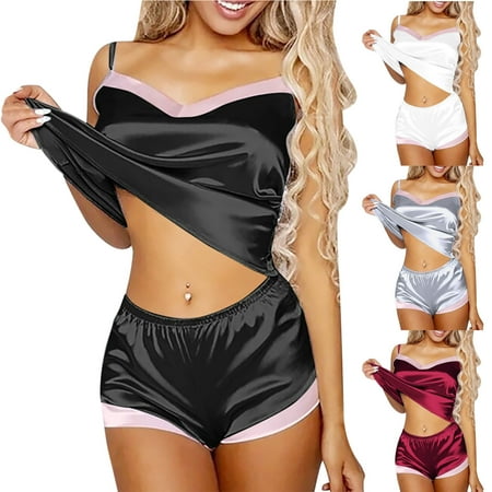 

Pajamas For Women Plus Size Women Elegant Fashion Sexy V-neck Print Lingerie Satin Underwear Pajama Suit Lingerie for Women Clearance