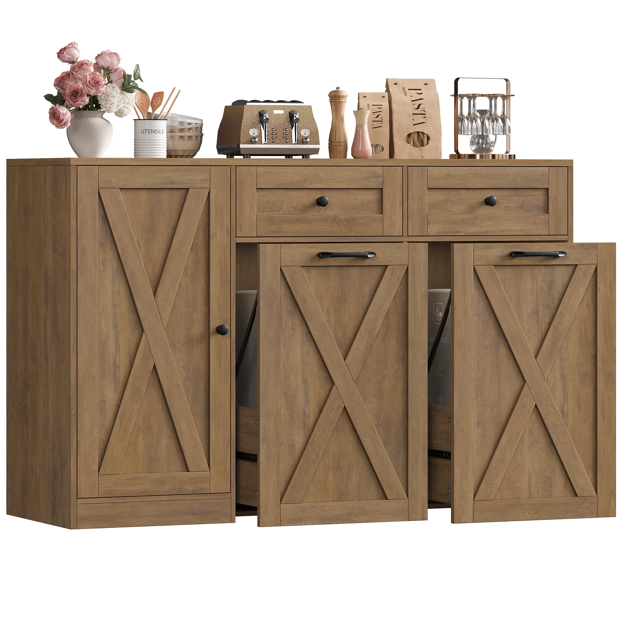 Homfa 47.2"W Kitchen Sideboard Credenza, Trash Can Cabinets Fits 12.5 Gallon Can, 2 Drawer Wood Buffet Storage Cabinet with Adjustable Shelf, Rustic Brown