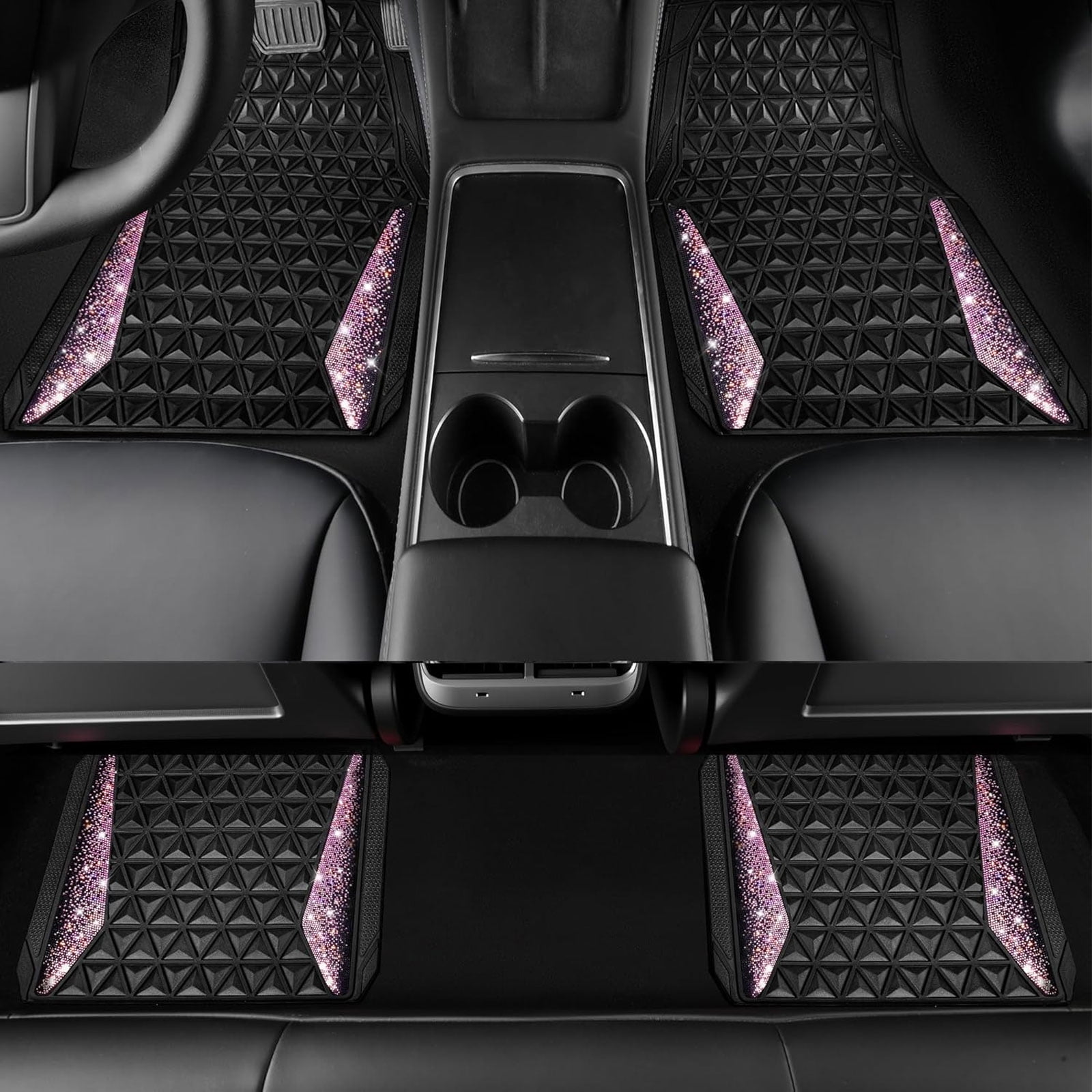 CAR GRAND Bling diamond rubble automotive floor mats full set anti-slip water proof universal fit glitter crystal sparkly shining rhinestone girl woman lady femal Black Pink