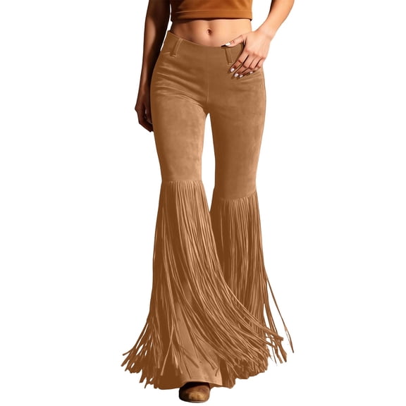 Glisme Pants For Women Solid Color Elastic Waist Summer Tassels Women Bootcut Leg Trousers Size L Khaki