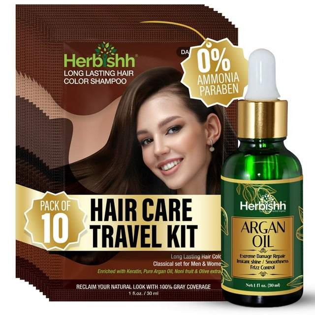 Herbishh Dark Brown Color Shampoo for Gray Hair, Hair Dye Shampoo 3 in 1, 100% Grey Coverage for Men & Women, Long-lasting & Travel-friendly, Ammonia-free, 30 ml (Pack of 10)