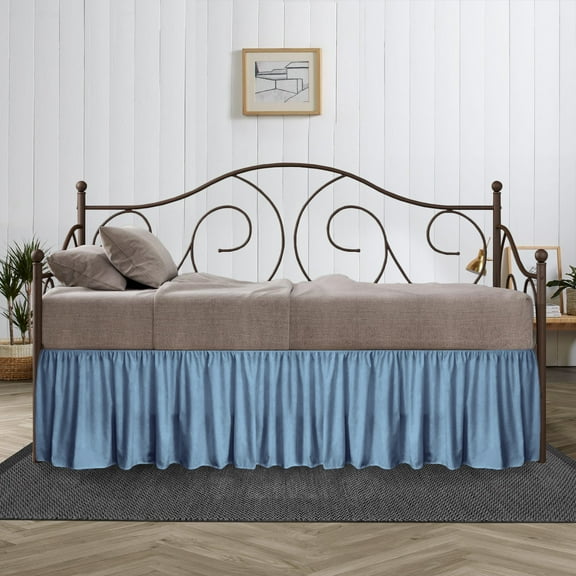 14 Inch Drop Full Size Mediterranean Blue Solid Day Bed Skirt Lightweight Ruffled Pattern Split Corner Premium Hotal Quality With Flexible Elastic & Fade Resistent