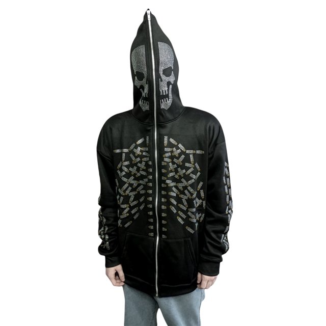 Sunloudy Women Spring Fall Coat, Rhinestones Skull/ Spider Print Long Sleeve Hooded Jacket with Zipper