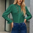 thumbnail image 3 of Blusa de encaje con volantes retro, color verde oscuro, manga larga, calada, talla M, 3 of 6