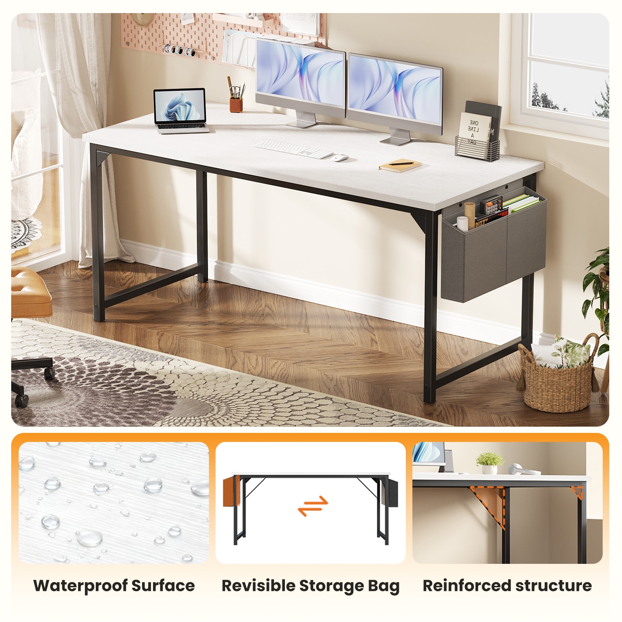 CONCETTA 63 Inch Computer Writing Desk with Storage Bag, Steel Frame for Home Office Study, White