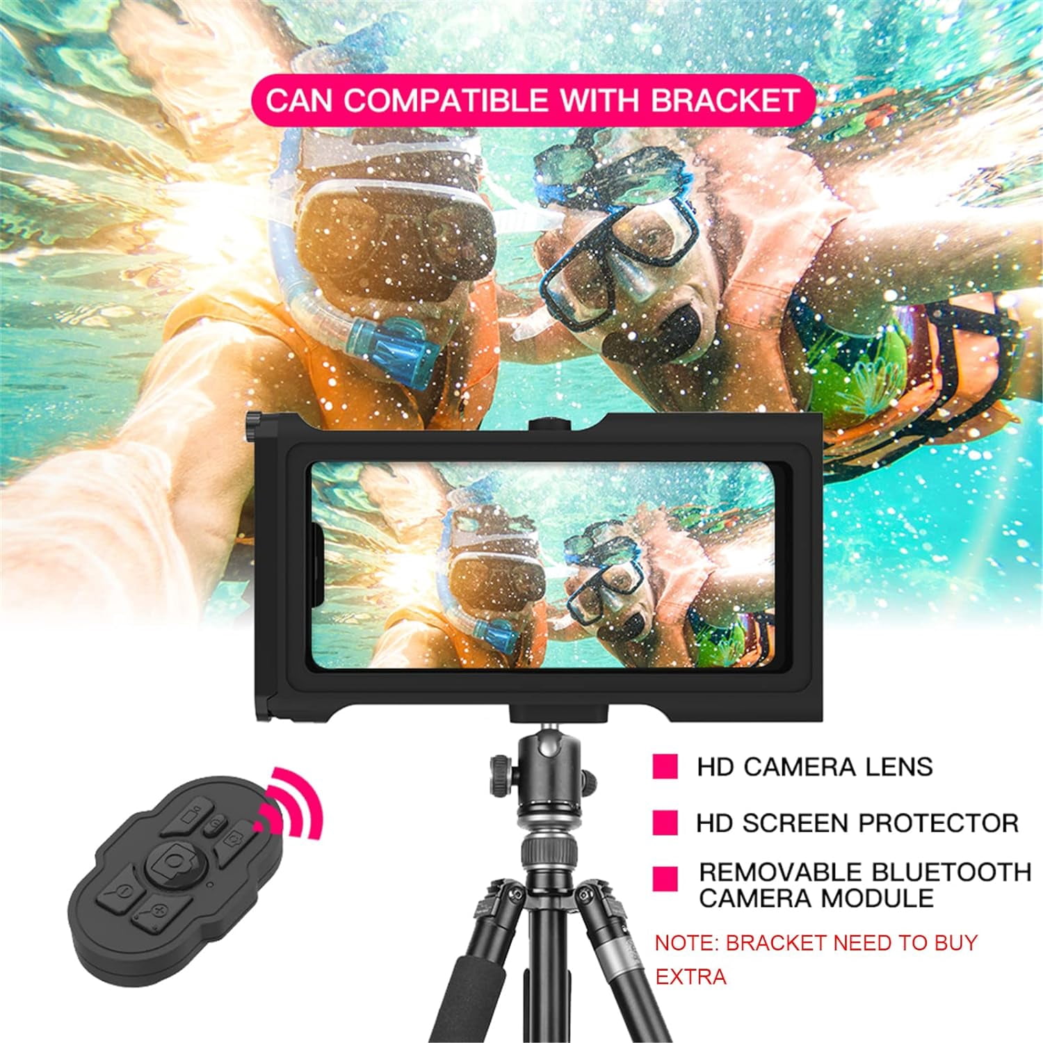 New Updated Extreme Waterproof Underwater Diving, Snorkel Phone Case with Bluetooth Remote Control for All iPhone (Max, Plus, S), Samsung, LG, Google, Android Up to 50Ft, 15M with Lanyard Black