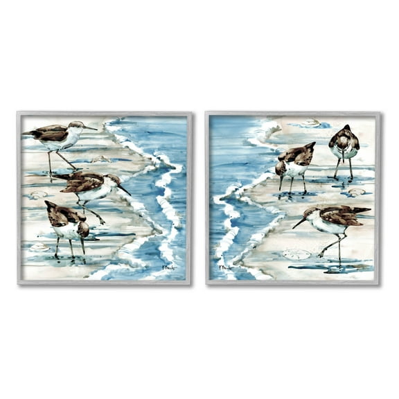 Stupell Industries Sandpipers Grazing Beach Shore Painting Gray Framed Art Print Wall Art, Set of 2, Design by Paul Brent