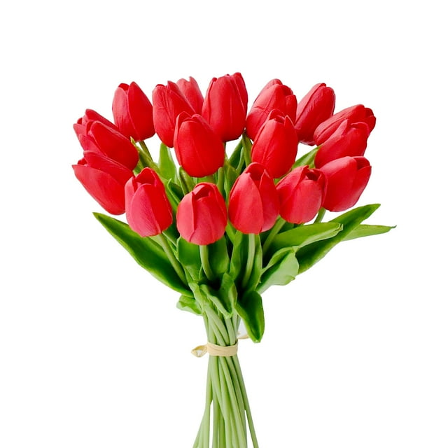 Tulipanes artificiales de piel sintética Mandy, color rojo, 20 tallos, 34 cm
