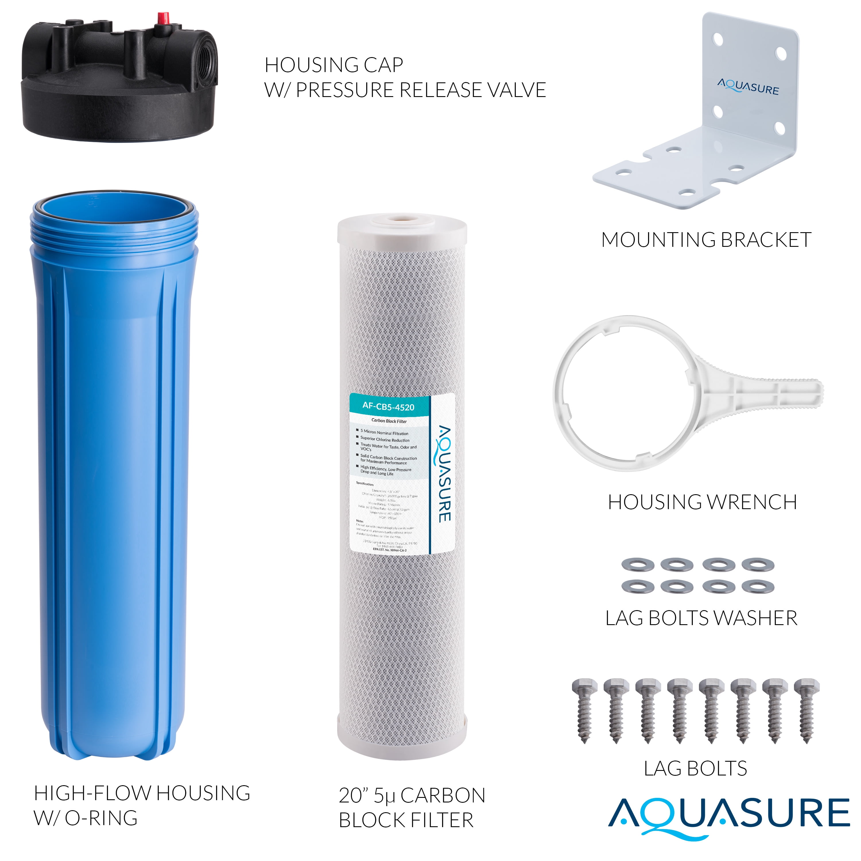Aquasure Fortitude V Series 20" x 4.5" High Flow Whole House 5 Micron Carbon Block Water Filter System (AS-F120CB5)