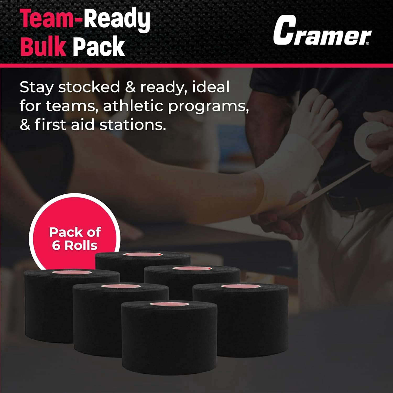 Cramer Team Athletic Tape, Black, Easy Tear, Ankle & Wrist Taping, 6-Pack, 1.5" X 10 Yard